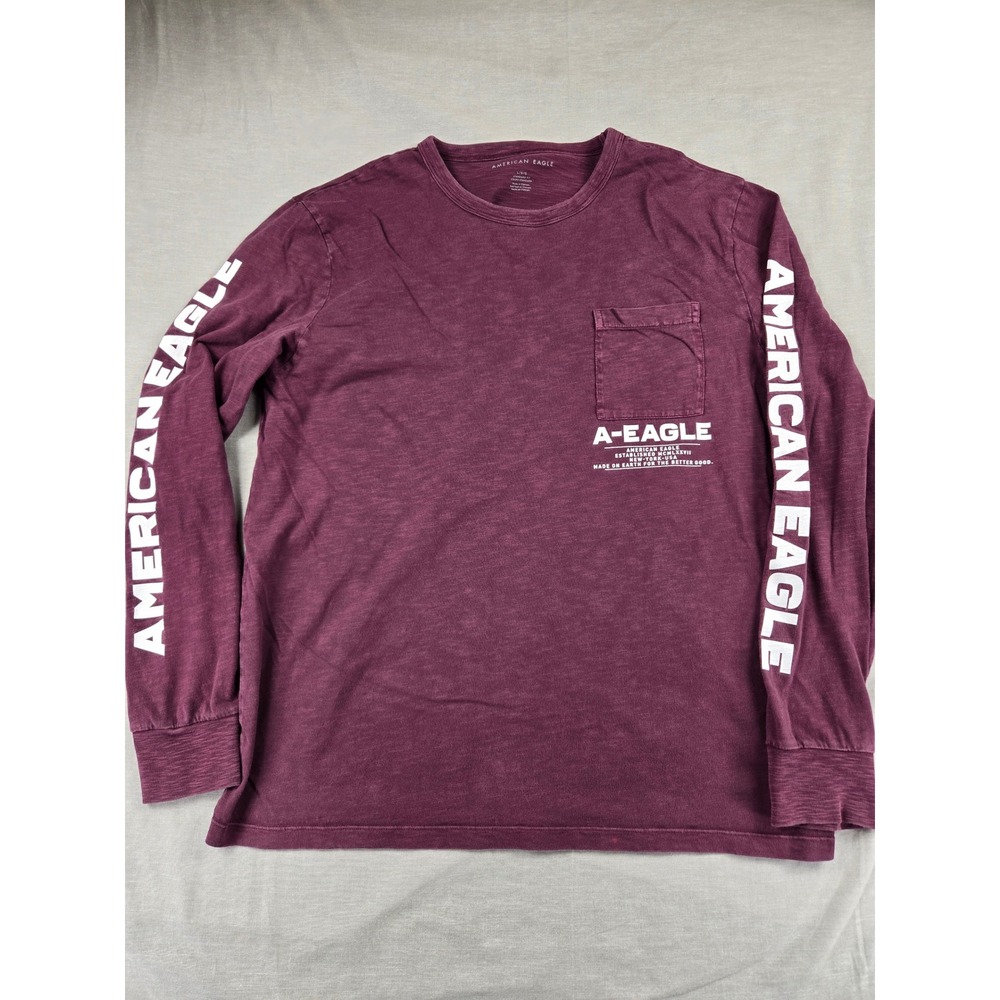 American Eagle Mens Burgundy Slub Long Sleeve Graphic Pocket T-Shirt Large L